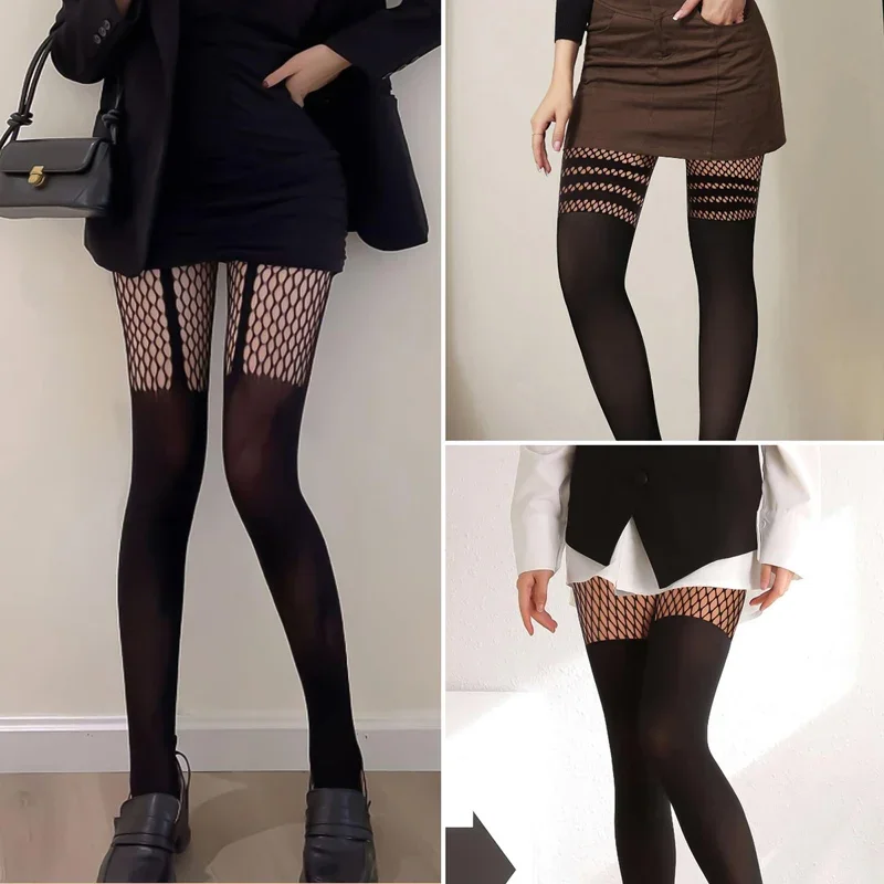 Schwarze Netzstrumpfhose mit Aussparungen und Strumpfhaltern, Fischnetz-Strümpfe für Damen, Nachtclub-Strumpfhosen, Sexy Tanz-Netzstrümpfe für Mädchen