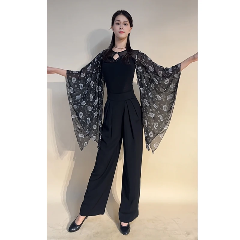 新しい社交ダンス服女性ワルツダンス練習着フローティングメッシュ袖トップス黒ズボン大人の標準ダンスウェア