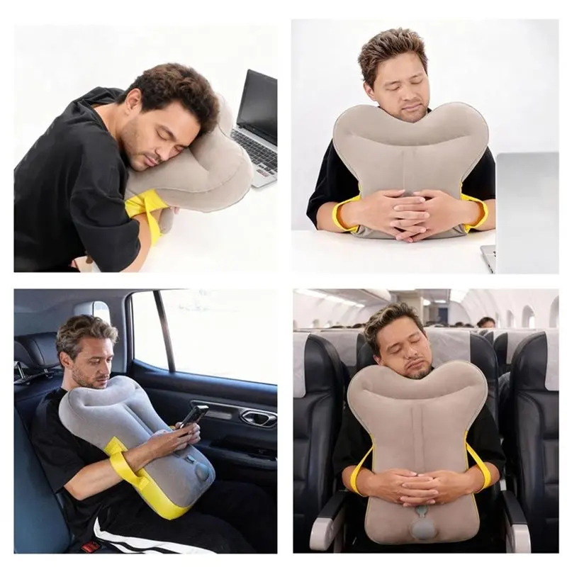 A06F-Inflatable Travel Pillow For Airplane - Ergonomic Hugging Neck Support Pillow With Built-In Push-Button Pump