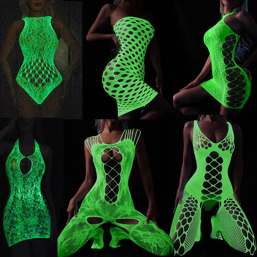 

Noctilucent Sexy Glowing Hollow Out Mesh Fishnet Bodysuit Bodystockings Hot Pole Women's Clubwear Erotic Luminous Babydoll Dress