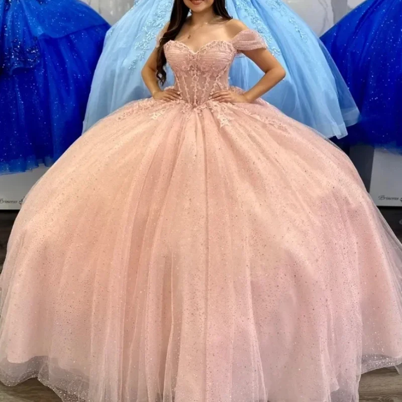 

Розовое блестящее платье принцессы Quinceanera, бальное платье, роскошное платье с открытыми плечами, аппликация из бисера, тюлевой корсет, милое платье 16, Vestidos 15