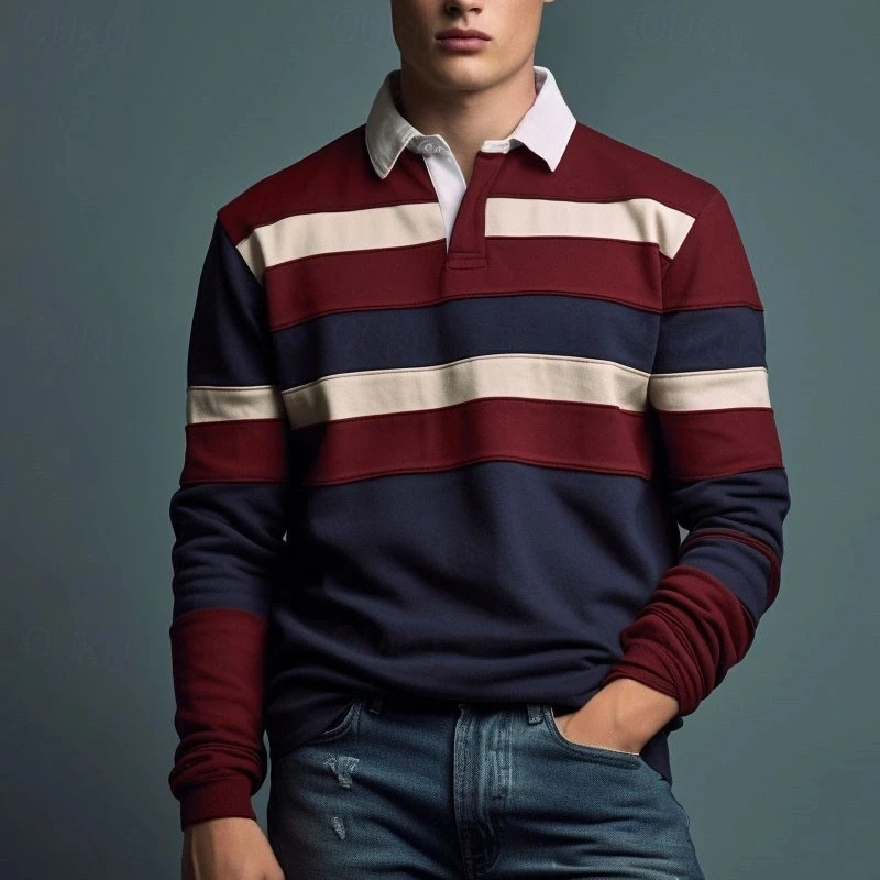 New In Striped Graphic Polo Shirts For Men Simple Autumn Business 3D Printed Long Sleeve Golf Polo Casual Daily Wear Tees Tops