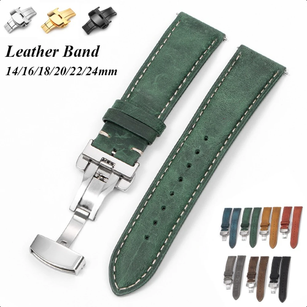 Bracelet de montre en cuir Vintage pour Seiko, boucle papillon 16mm 18mm 20mm 22mm 24mm, Bracelet de Sport en cuir de vache à dégagement rapide