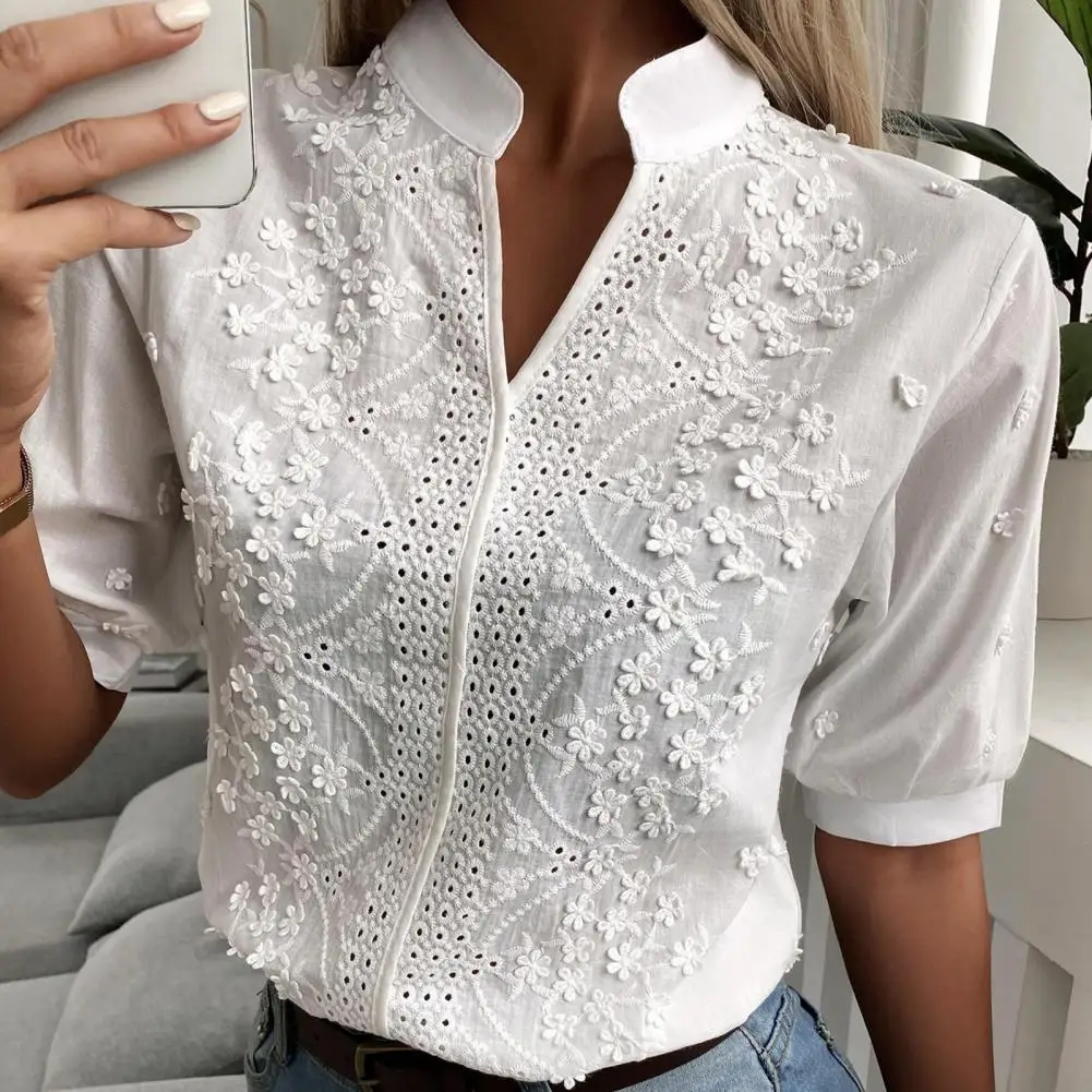 Women Casual Shirt Embroidery Floral Lace Solid Color Pullover Tops Stand Collar V-neck Half Sleeve Relaxed Fit Shirt Рубашка