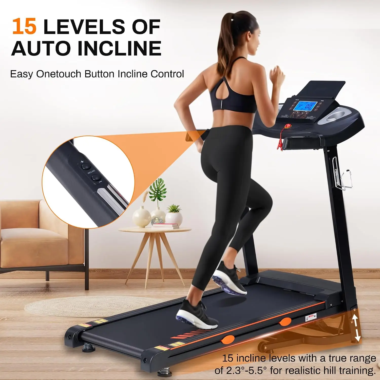 Treadmill for Home with 15-Level Auto Incline, 18