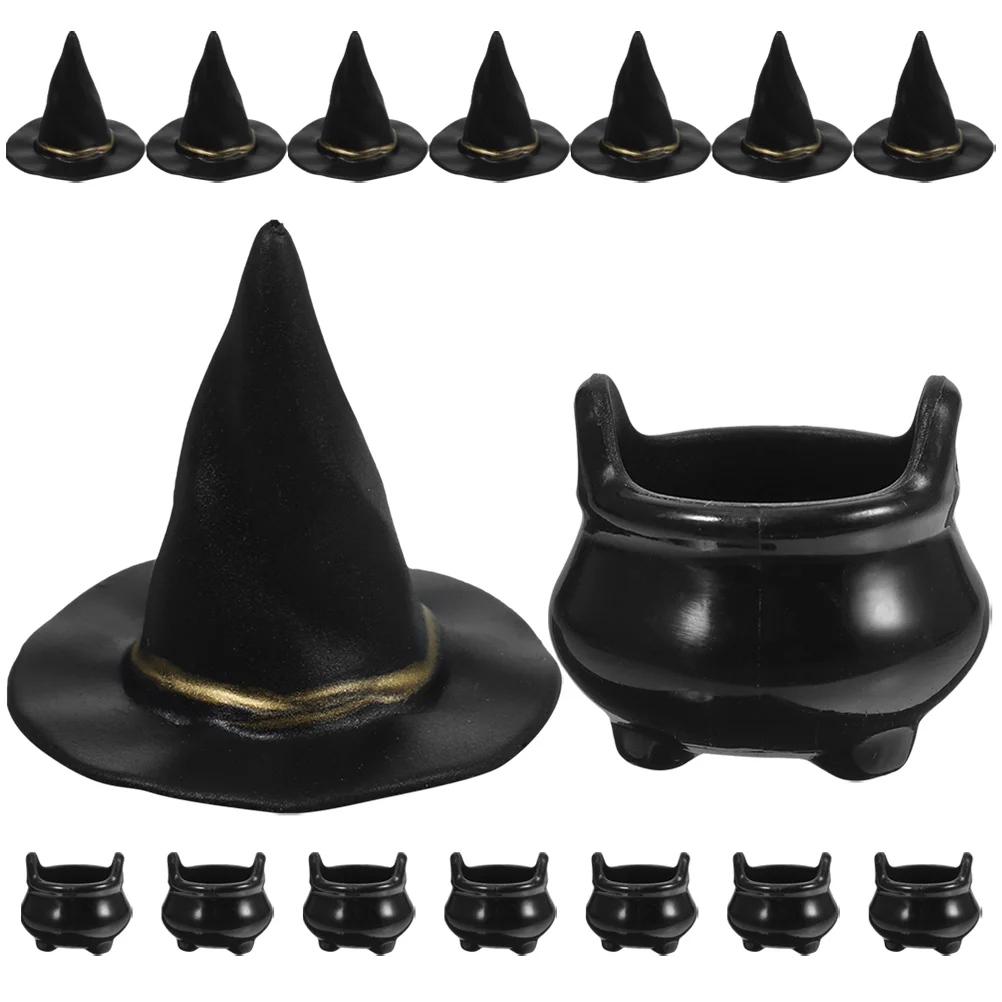 10 Sets Halloween Witch Hat Small Hats for Crafts Miniature Cauldron Drinks Kettle Decor Tiny Dolls Water Toy