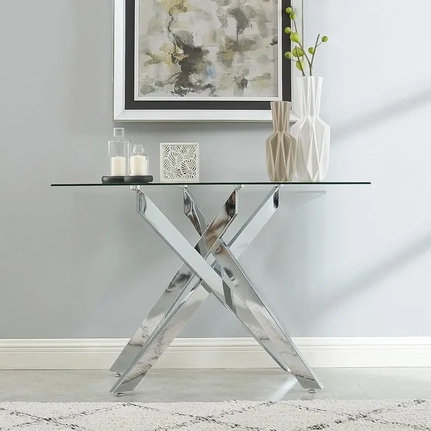 

Modern Style Console Table Narrow Sofa Table with Tempered Glass Top and Metal Tubular Legs, 45" Lx18 Wx30 H, Silver