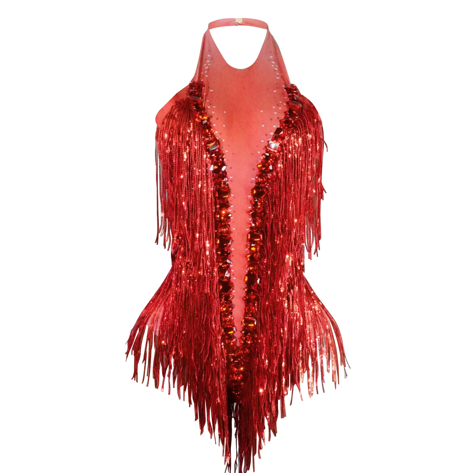 

Shiny Red Rhinestones Tassel Bodysuit Women Sexy Gogo Stage Party Nightclub Latin Dance Wear Performance Costume Drag Queen Show