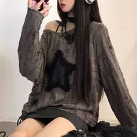 Camiseta Y2K con estampado de estrellas y agujeros para mujer, ropa de calle a la moda, Tops con hombros descubiertos, camisetas holgadas de manga larga Kpop de gran tamaño para verano, novedad