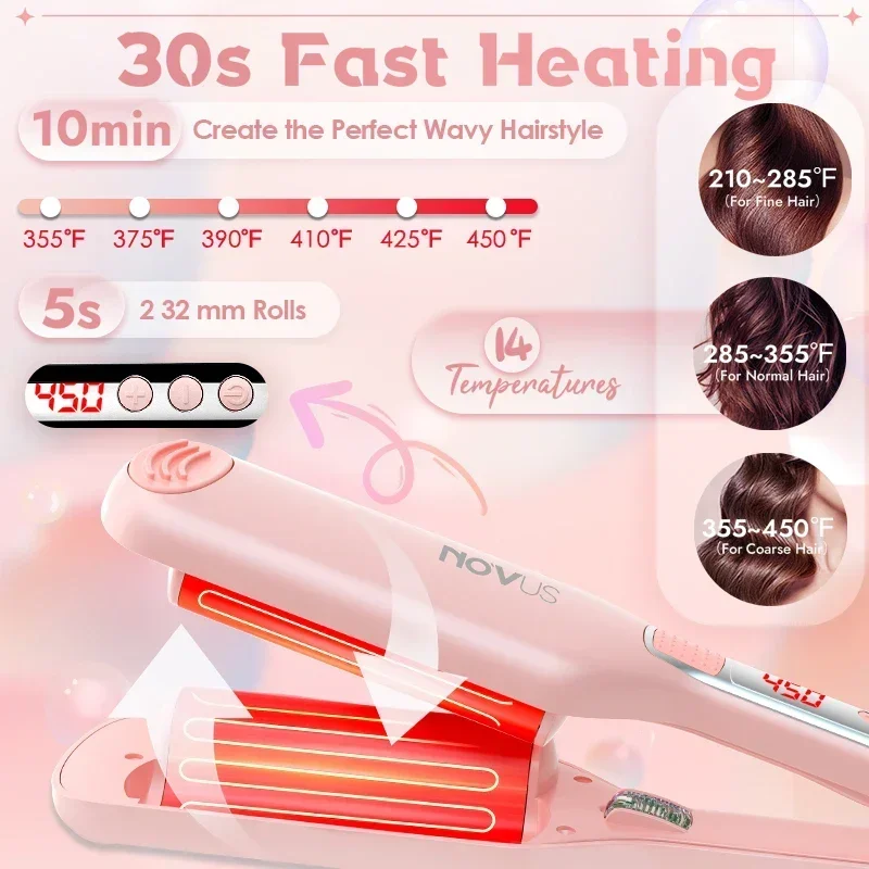 NOVUS 32 мм волнистые бигуди для волос French Egg Roll Head Waver Styler 6000 Вт с отрицательными ионами Быстрый нагрев 60 минут Автоматическое отключение щипцов для завивки волос