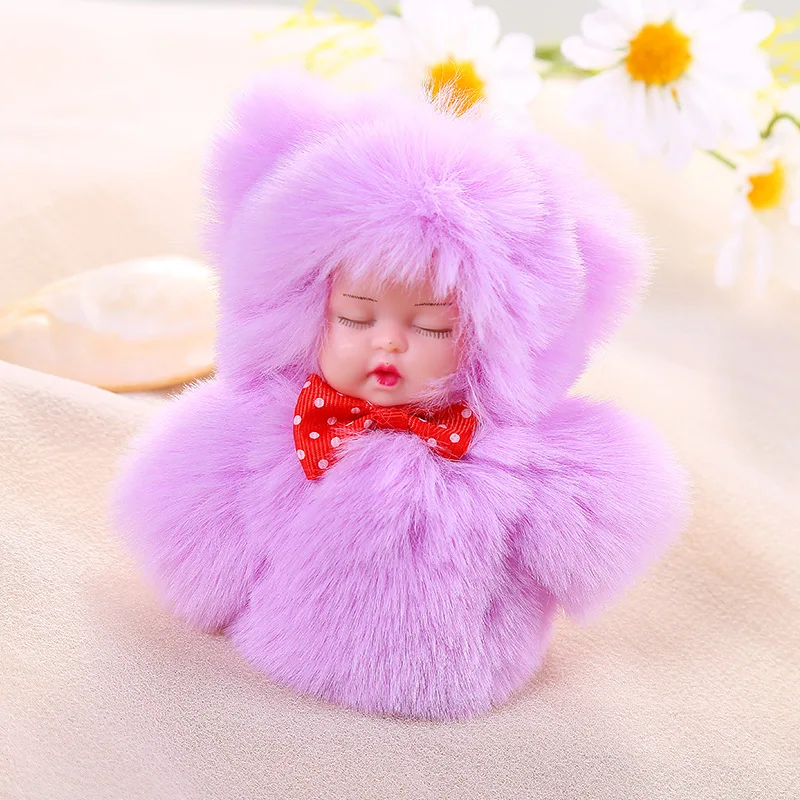 Fashion Faux Rex Rabbit Fur Sleep Baby Key Chain Women Bag Men Car Keychain Girl Trinket Jewelry Party Wedding Toy Chidren Gift