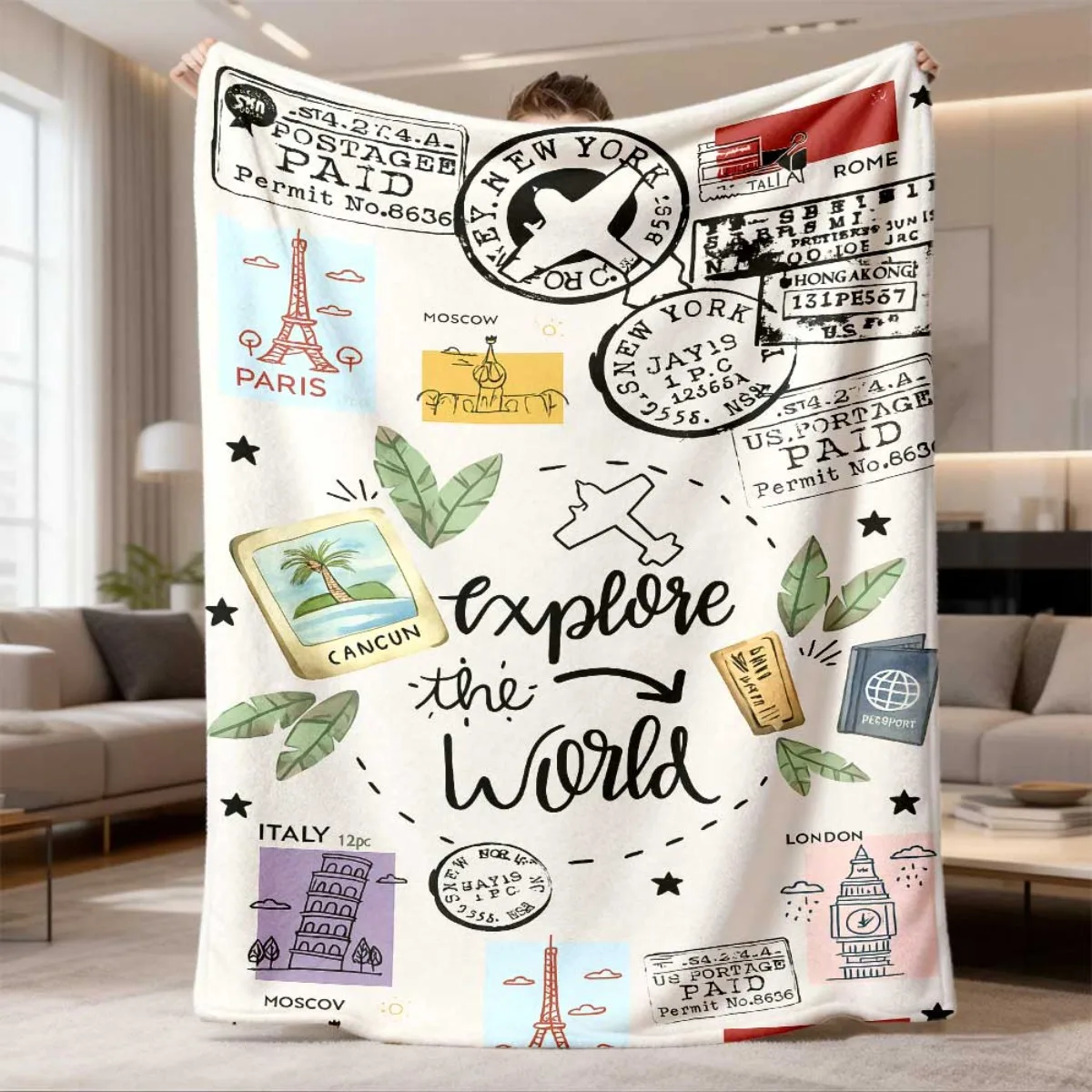 Global Travel Stamp Famous Landmark White Background Flannel Throw Blanket, Warm Cozy Blanket, Wanderlust Gift For Travel Fans