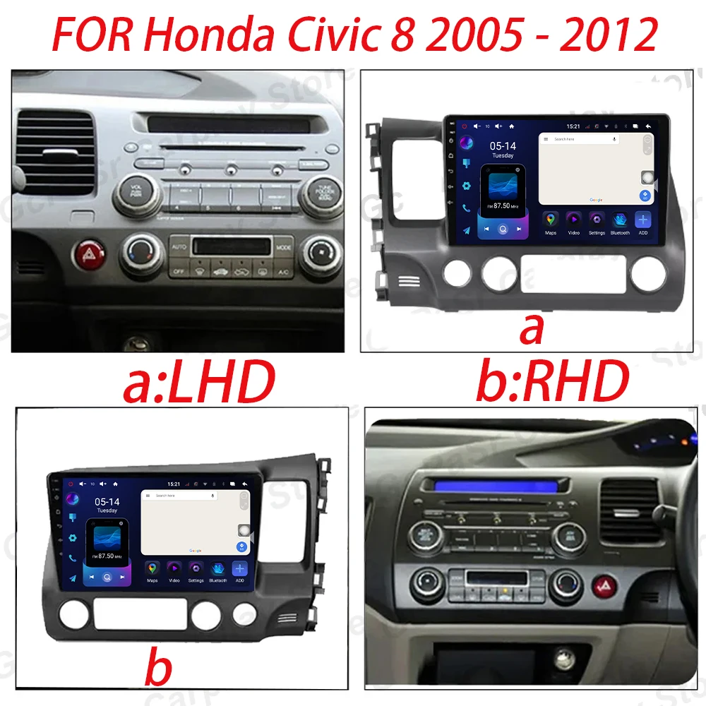 10inch Android 14 Car Radio For Honda Civic 8 2005 - 2012 CarPlay Autoradio Multimedia Stereo GPS Navigation No 2din WIFI 4G DSP