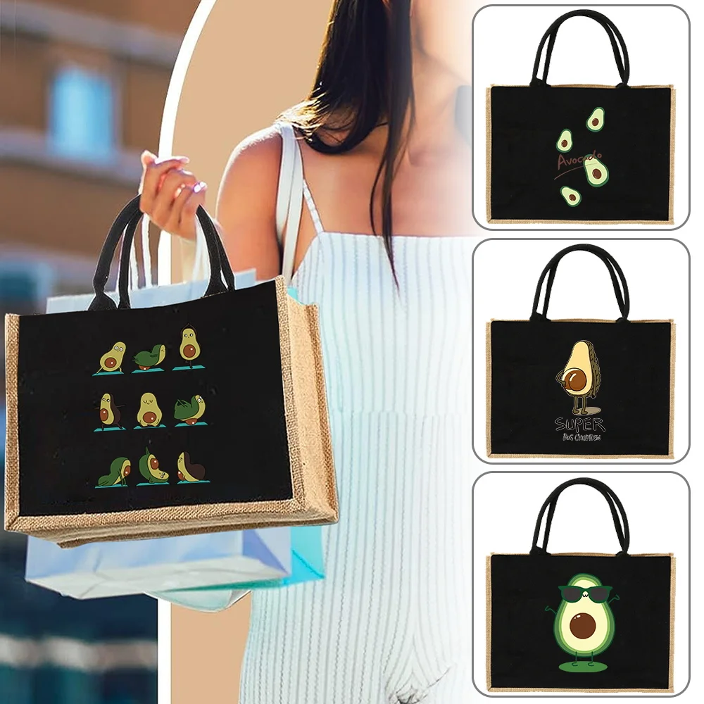 

Shoulder Bag Women Travel Storage Bag Jute Linen Pouch Picnic Bag Shopping Pouch Handbag Laminated Pouch Avocado Pattern