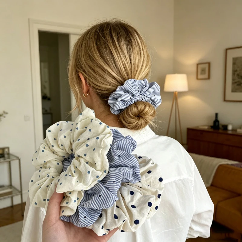 1 Stück Damen Scrunchies aus cremefarbenem Stoff mit kleinen Tupfen, im Salt-Style, elastische Haarbänder, elegante Pferdeschwanz-Haargummis – Detail 1