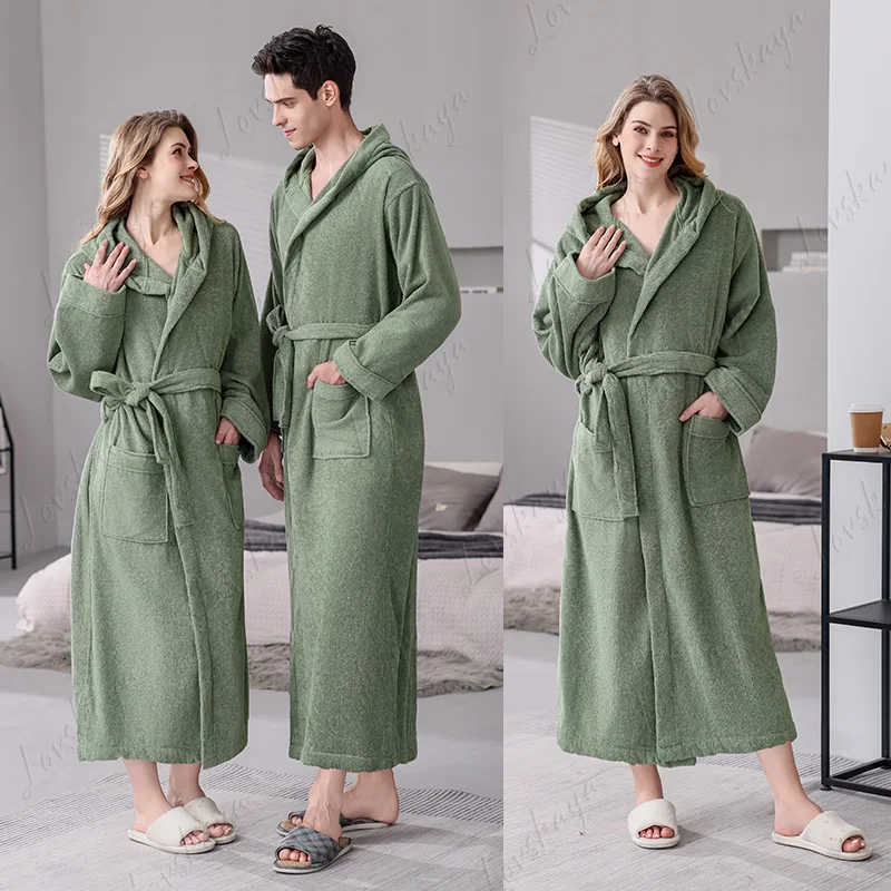 

Халат для отеля, ночная рубашка с капюшоном для взрослых, хлопковый длинный халат для пар на весну и осень