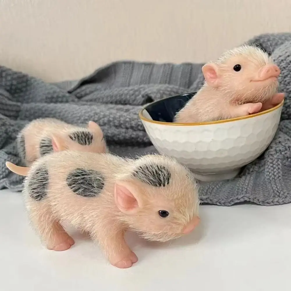 Silicone Cartoon Simulation Pig Figurine Micro Farm Statue Hairy Pig Miniaturas Ornament Trinket Collection Piggy Squeezing Game