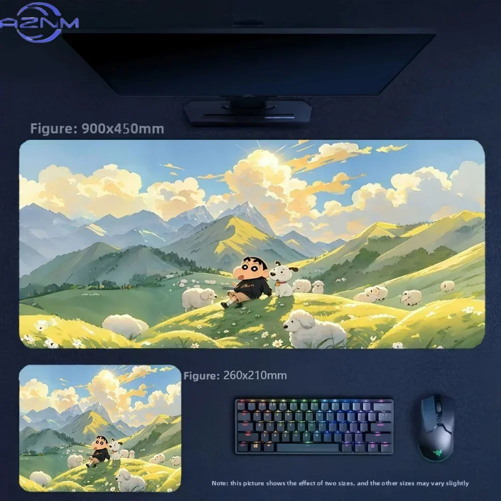Anime Crayon Shin-chan and Shiro Running on Mountain Pasture Large Mousepad Rubber Non-Slip Gaming Desk Mat Keyboard Pad for Hom