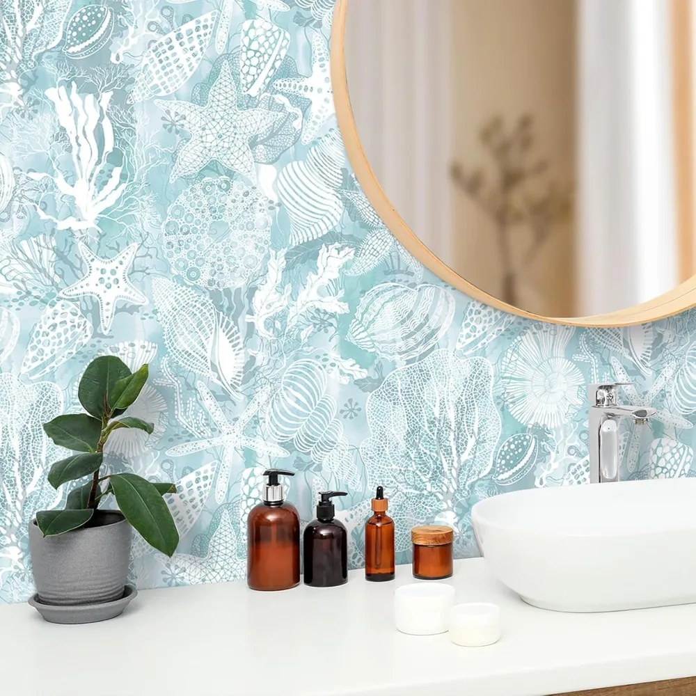ورق جدران كوستالي أزرق وأبيض بتصميم صدف ونجمة وأسماك - جدار سهل اللصق وقشر بطابع المحيط المسبق