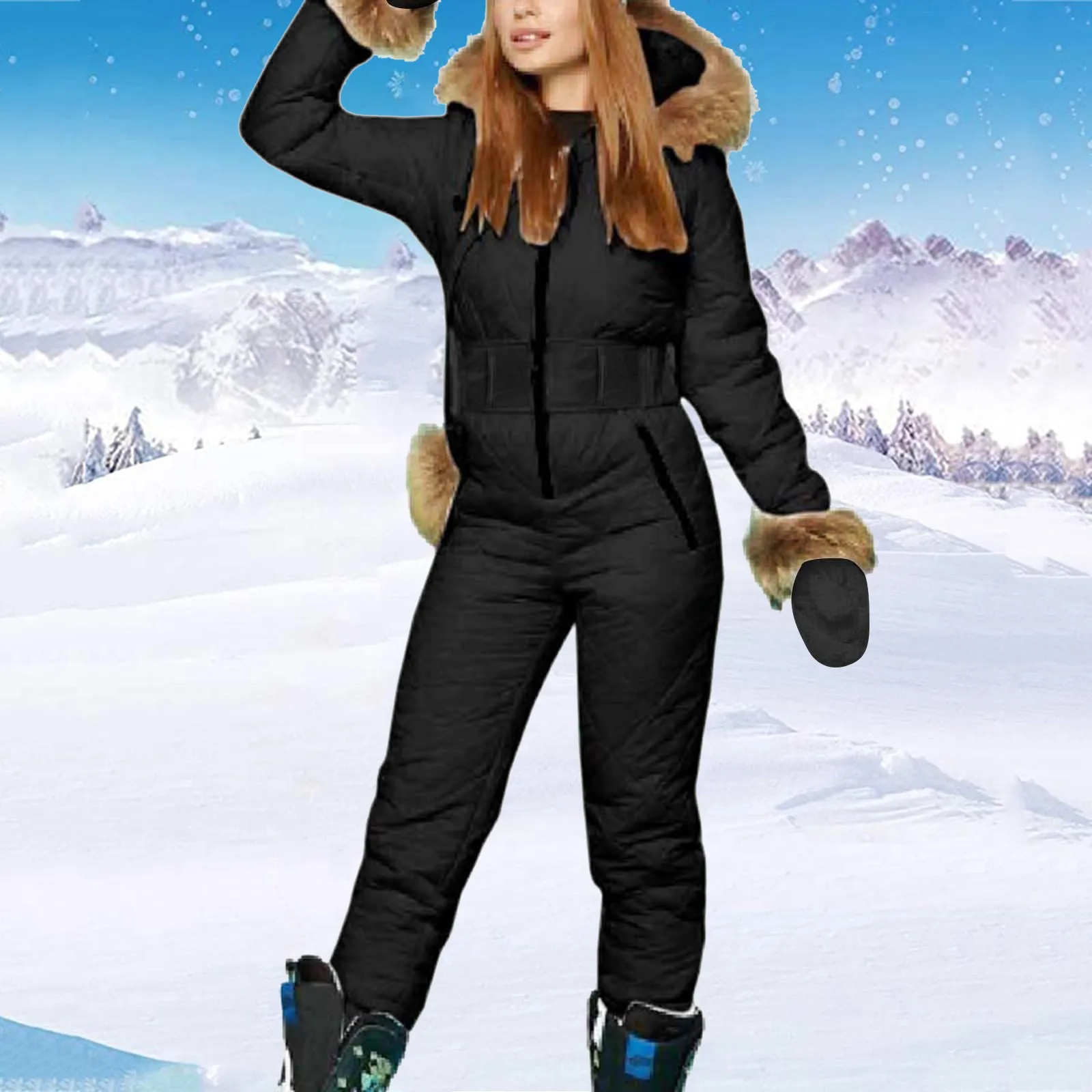 Skiing Suites Women Winter Ski Jumpsuit Outdoor Sports Snowsuit Faux Wool Collar Coat Jumpsuit With Hoodies Ski Jackets And Pant