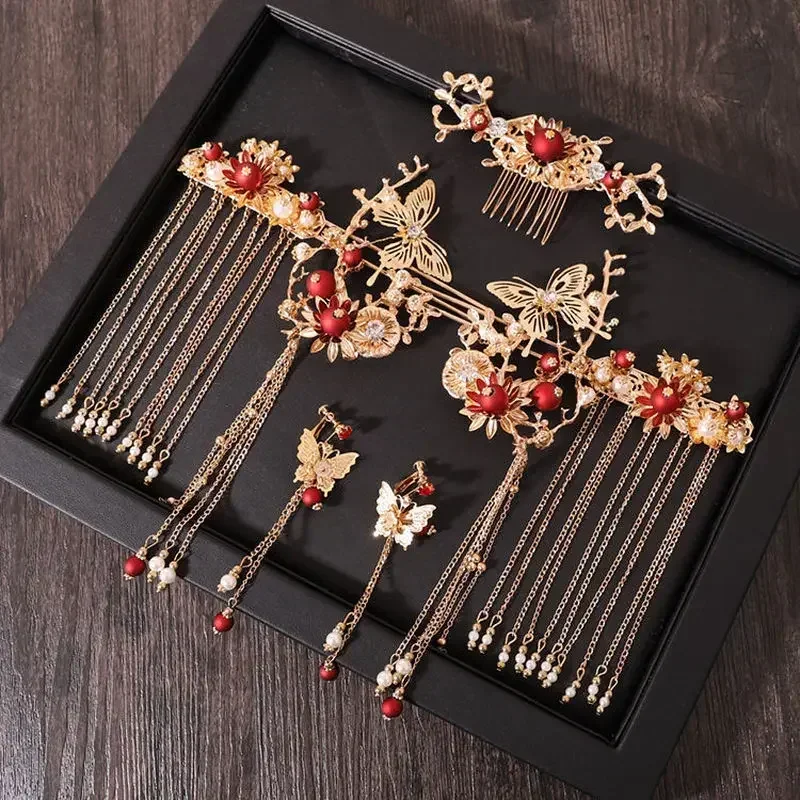 Xiuhe-accesorios para la cabeza Hanfu chino, conjunto de accesorios para el cabello de novia, abrigo con borla de dragón y Fénix, accesorios para el cabello, regalos antiguos