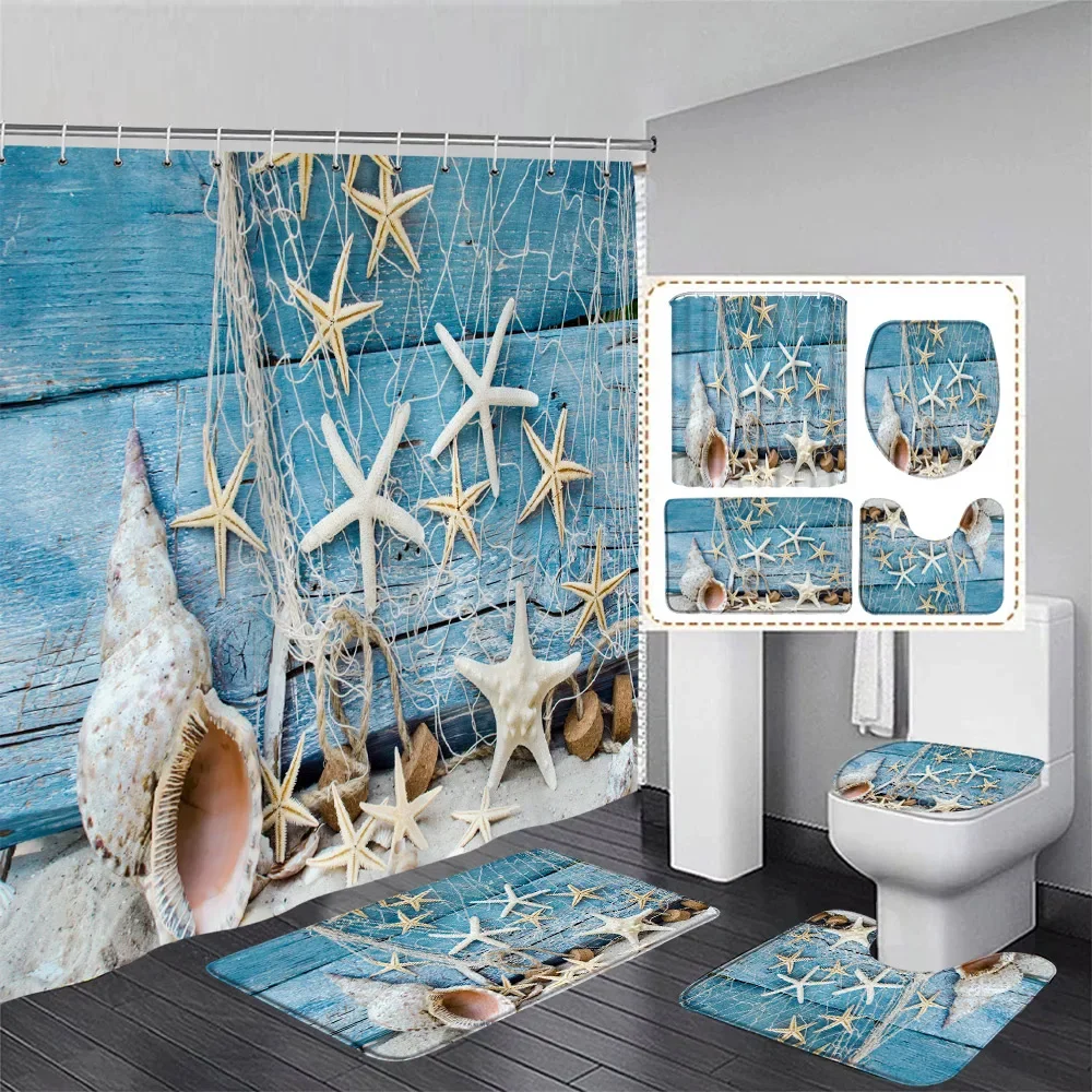 Starfish Beach Shower Curtain Set Blue Wooden Plank Conch Mediterranean Home Bathroom Decor Floor Rug Bath Mats Toilet Lid Cover