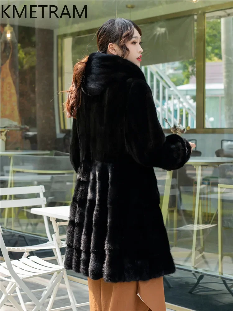 Real Mink Fur Coat Women Black Long Fur Jacket with Hood High Quality Outerwears Winter Luxury Clothes Woman шуба женская 2024