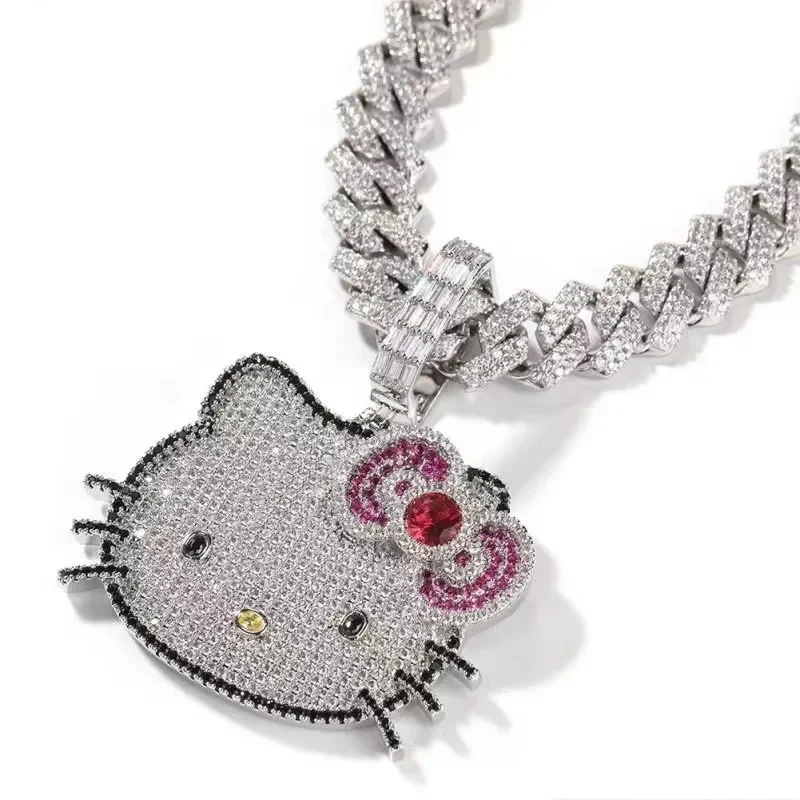 Kawaii Hello Kitty Hip Hop Necklace Anime Sanrio Pendant Ins Fashion Trendsetter Hip Hop Zircon Cuba Necklace for Men and Women