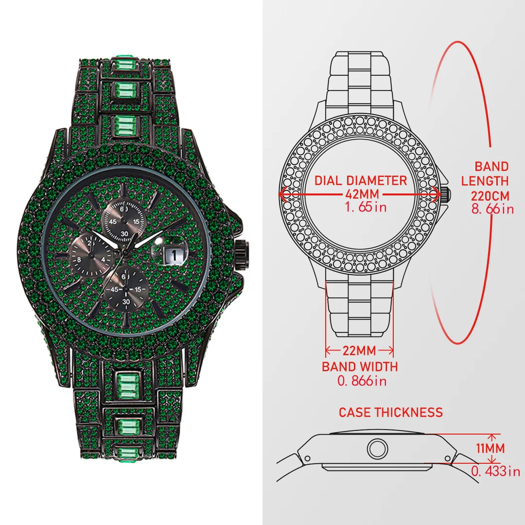 2023 New Hip Hop Watches Mens Automatic Date Green Iced Diamond Clock Fashion Waterproof Quartz WrIstwatch Luxury Man Gift Reloj