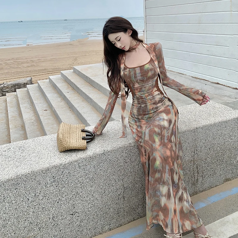 

Женское платье из сетчатой ткани с принтом и длинными рукавами, элегантное и облегающее платье для отпуска с лентами.