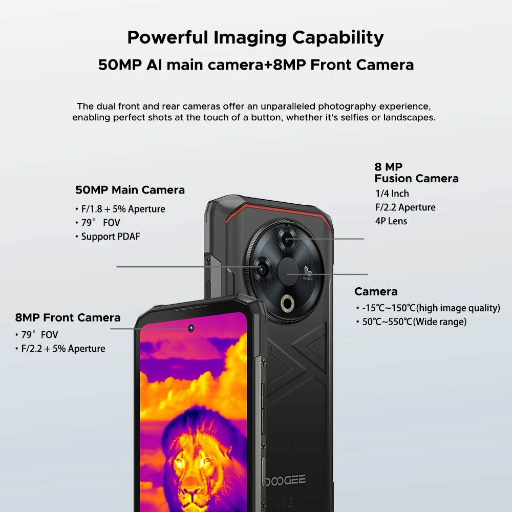 Global Version DOOGEE Fire 6 16GB 256GB Rugged Phone 6.56" 90Hz Display Thermal Imaging Unisoc T606 10400mAh Battery Android 14