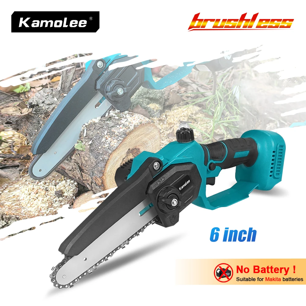 Kamolee 6 Inch 18V Brushless Mini Electric Chain Saw Cordless Rechargeable Woodworking Pruning One-handed Saw Garden Tools