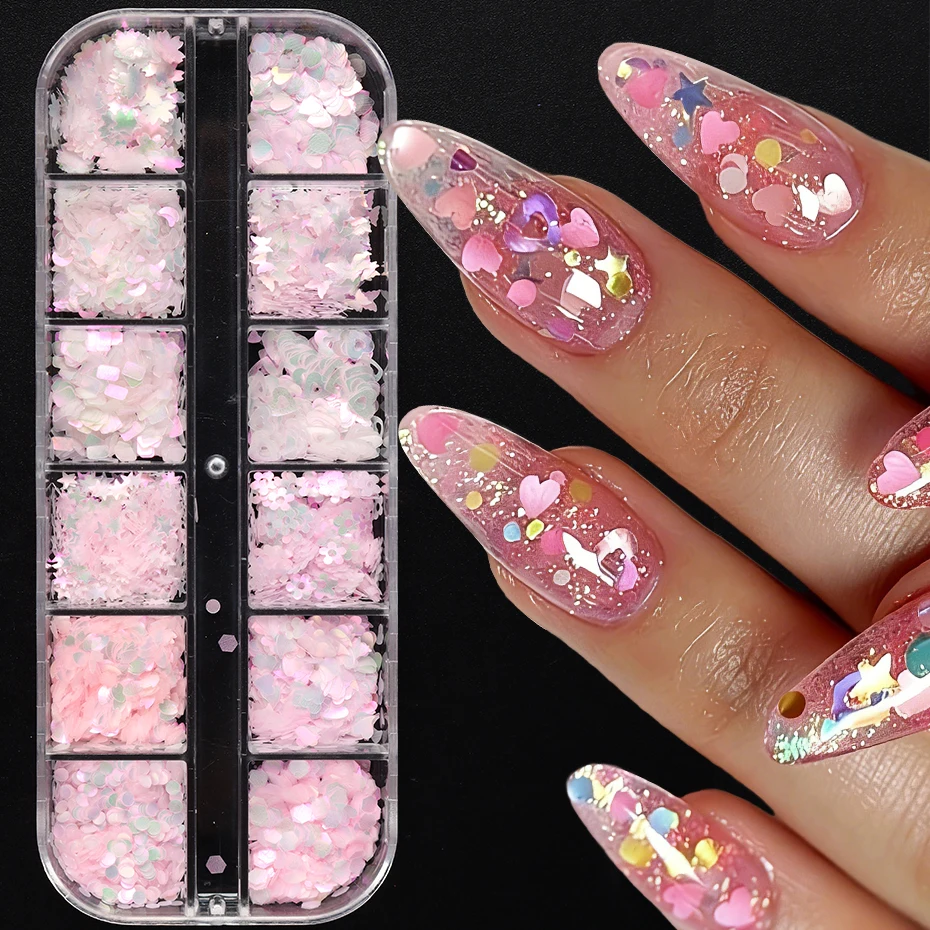 12 Grilles de Paillettes pour Ongles en Forme de Cœur Rose, Fleurs, Pétales de Sakura, Papillons, Étoiles, Hexagones, Sirènes, Décorations pour Nail Art