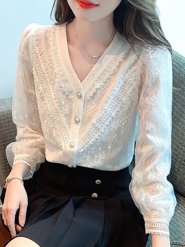 Blusa blanca De manga larga para Mujer, camisa De encaje con cuello en V, Tops De Moda, 2024, G222