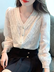 Blusa blanca De manga larga para Mujer, camisa De encaje con cuello en V, Tops De Moda, 2024, G222