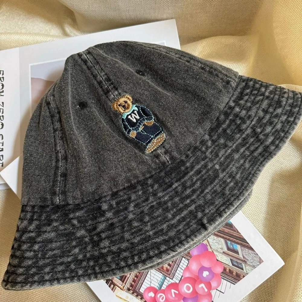 

Cute Korean Denim Bucket Cap Versatile Y2k Denim Fishing Cap Bear Embroidered Sweet Sun Protection Hat Female