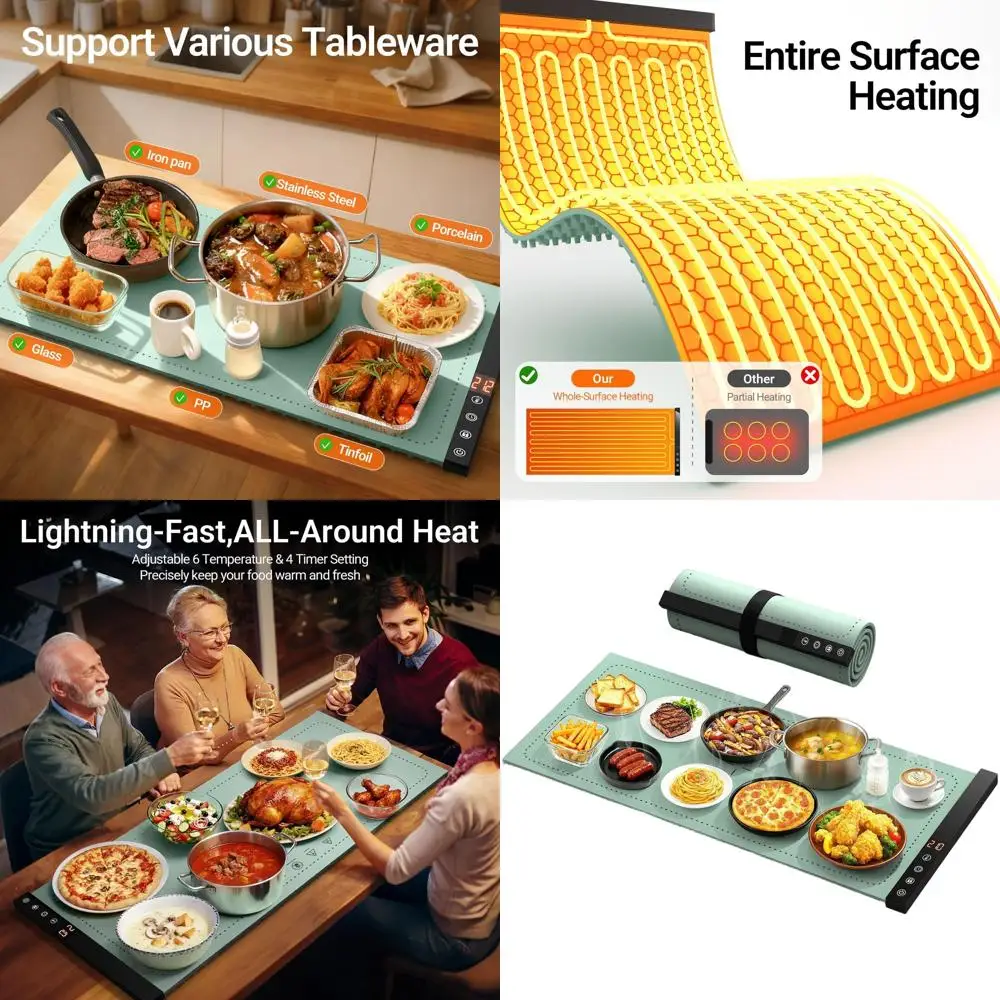 

Роликовый силиконовый коврик для подогрева еды — 6 температур, регулируемый таймер, портативный для шведских вечеринок (зеленый XXL)