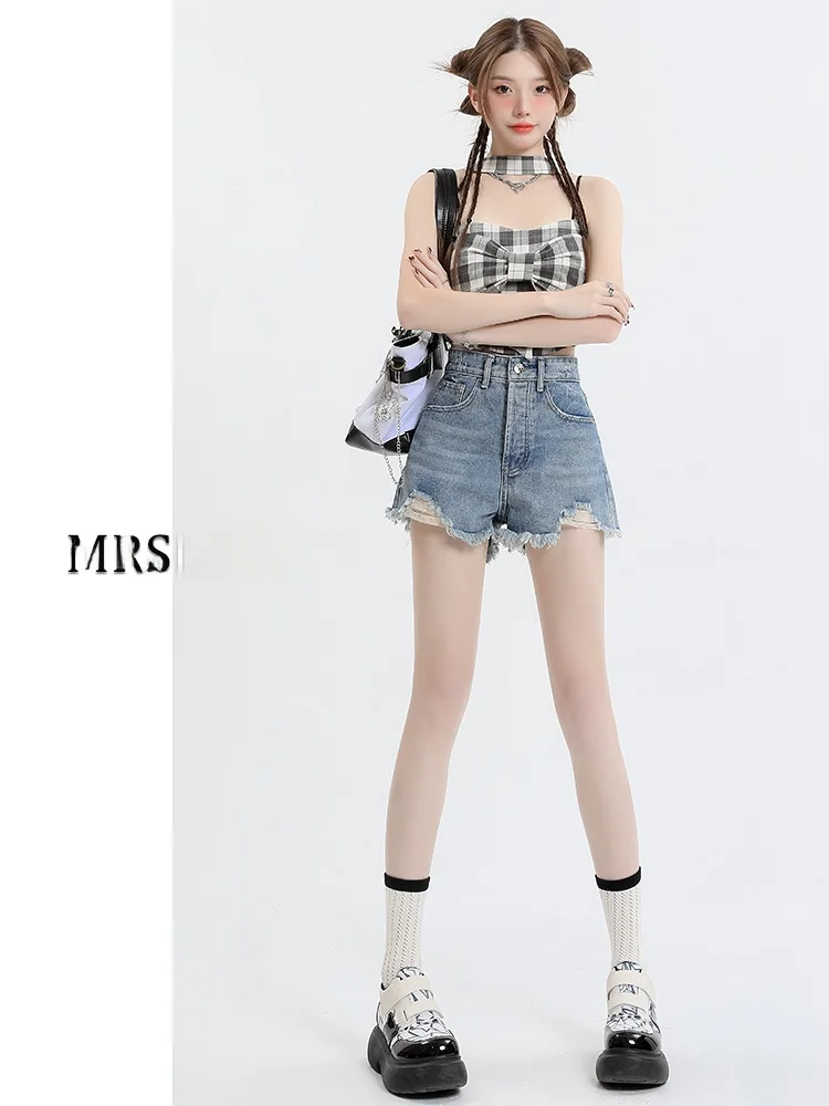 

Женские джинсовые шорты с высокой талией и рваным краем, летние, прямого кроя, А-силуэт, юбка-шорты, стандартная посадка, без стрейча