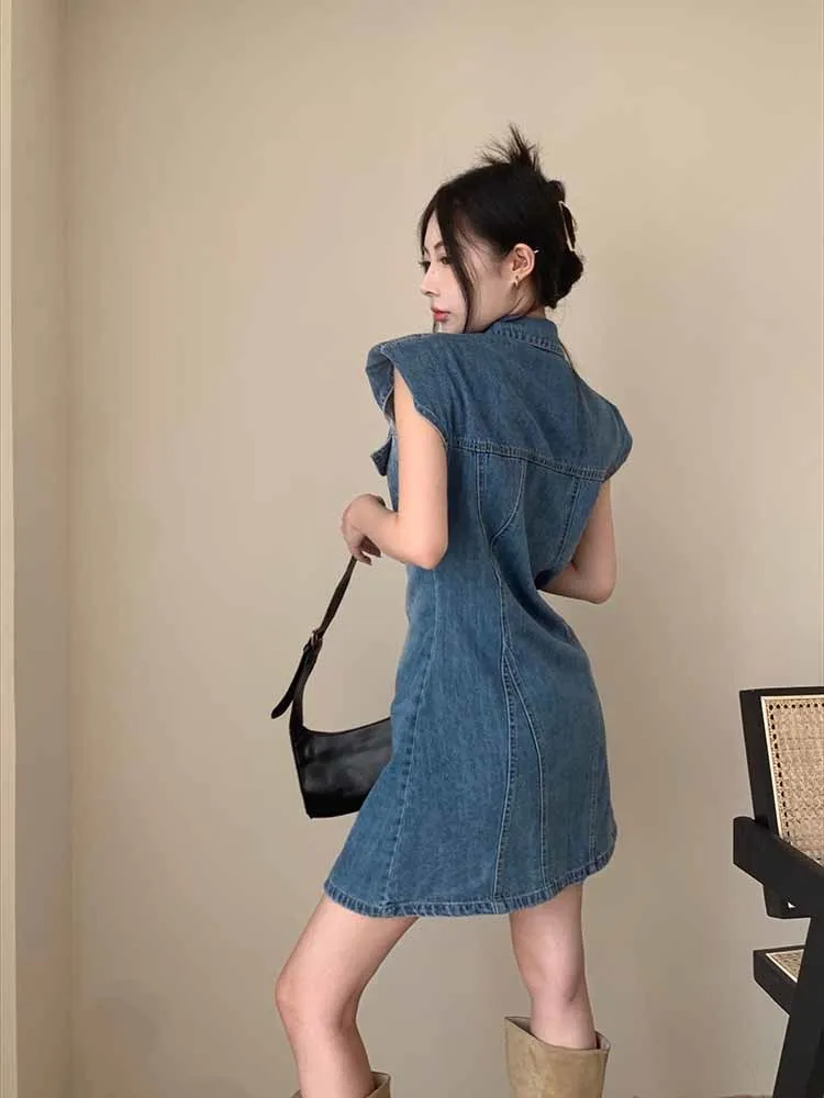 2022 The Newest Fashion Wear Take Fashion Women Vintage Polo-neck Sleeveless Denim Blue Dress Party Cocktail Short Mini Dress