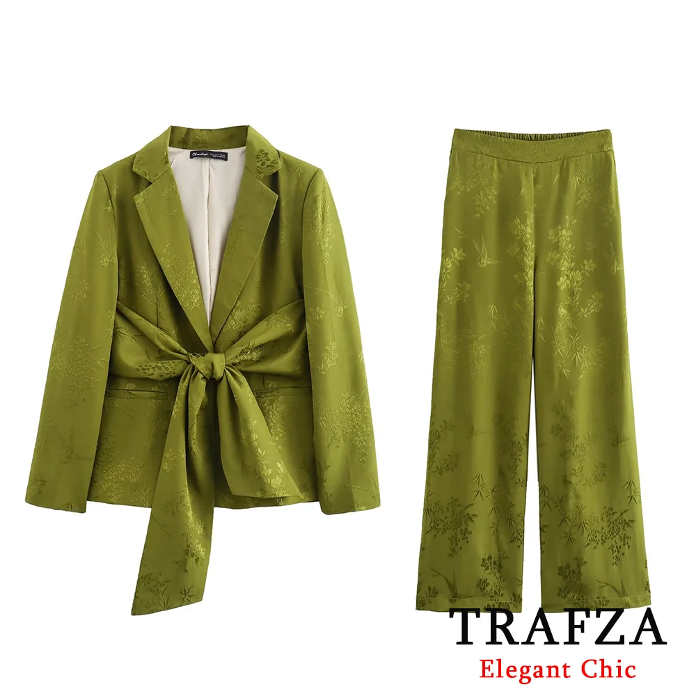 TRAFZA Casual Luxury Jacquard Blazer Suit Women's Bow-tie Belt Embellished Blazer Suit New 2024 Fall Dinner Blazer Suit