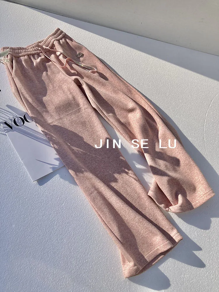 Rhinestone Thick Velvet Wide Leg Pants for Women Winter Hot Diamond Loose Style Casual Pants