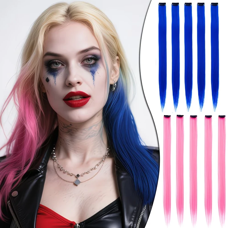 Halloween hair accessory with 5 red and blue hair clips colorful synthetic hair extensions, suitable for girl role-playing