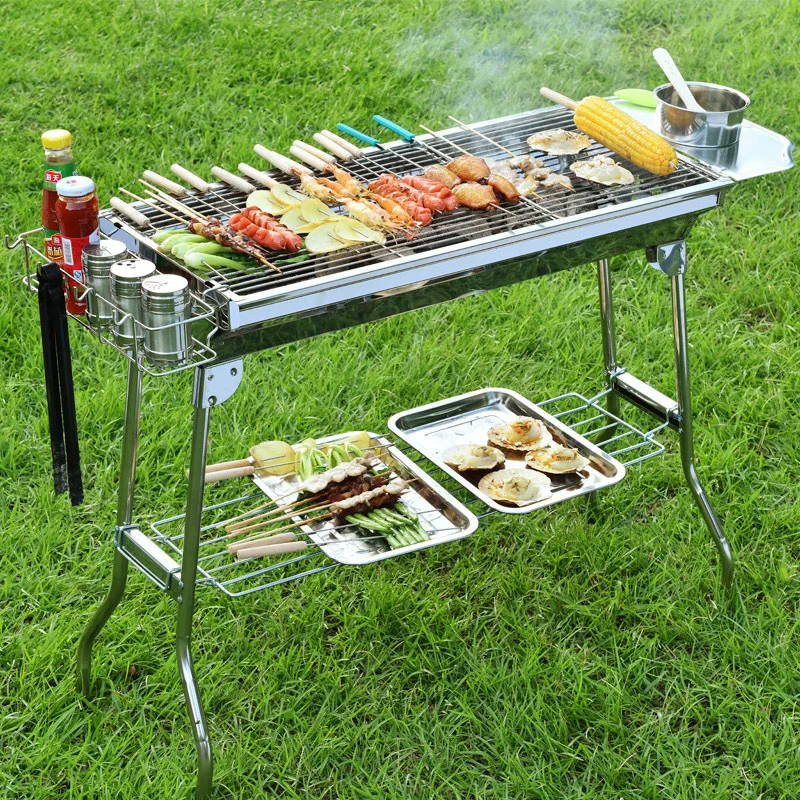 

Portable BBQ Grill Outdoor Charcoal Folding Shelf Stainless Steel Thickened Grill Tools