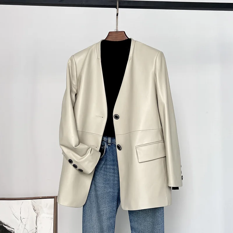 Women's The First Layer Sheepskin Suit Jacket, Collarless Suit, Lady Leather Coat, Spring and Autumn Fashion