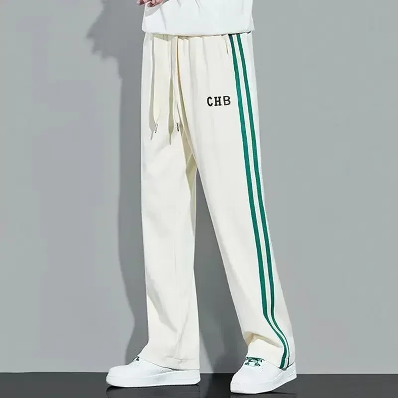 Fleece Thick Warm Straight Casual Pants Men Autumn Winter New Patchwork Striped Drawstring Waist Loose Versatile Sports Trousers