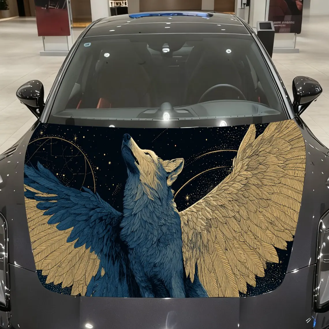 Winged Wolf and Comsic Auto Cover Sticker, Waterproof and Self-adhesive Auto Hood Decal, Auto Vinyl Wraps, Cool Car Exterior Dec