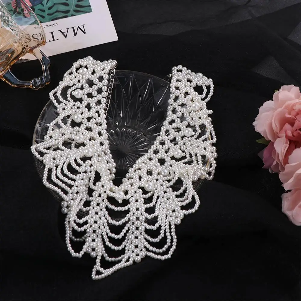 Bohemian Style Multi-layered Pearl Necklace Beaded Lace Trim Collar Woven Exaggerated Pearl Neckchain Jewelry Choker