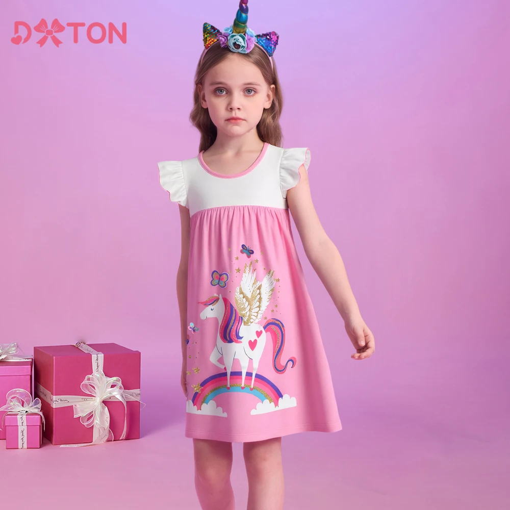

DXTON New Summer Kids Dresses Flying Sleeveless Children School Clothing Rainbow Unicorn Cartoon Print Toddler Daily Dress Wear
