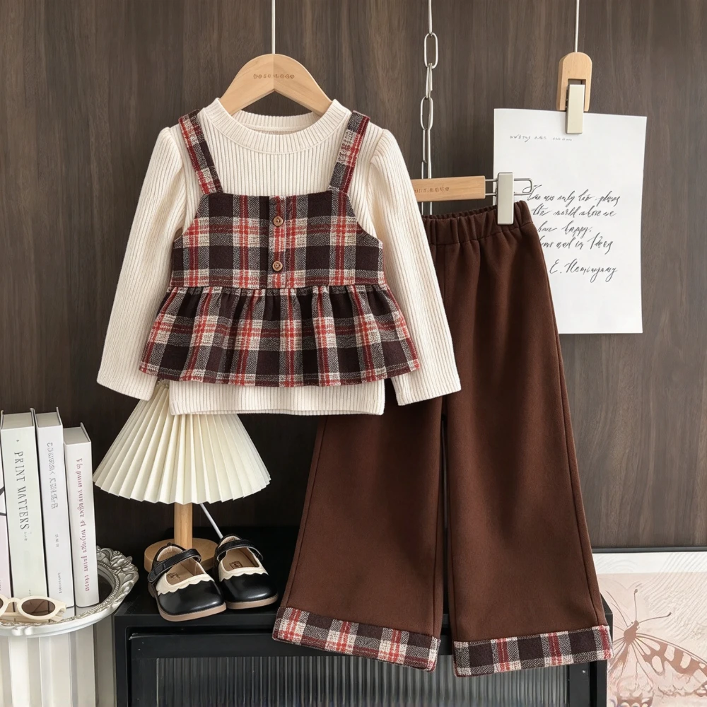 Autumn Street Style Baby Girl Clothing Fashion Kids 3-Piece Set Solid Color Long Sleeve Top and Checkered Tank Top and Pants
