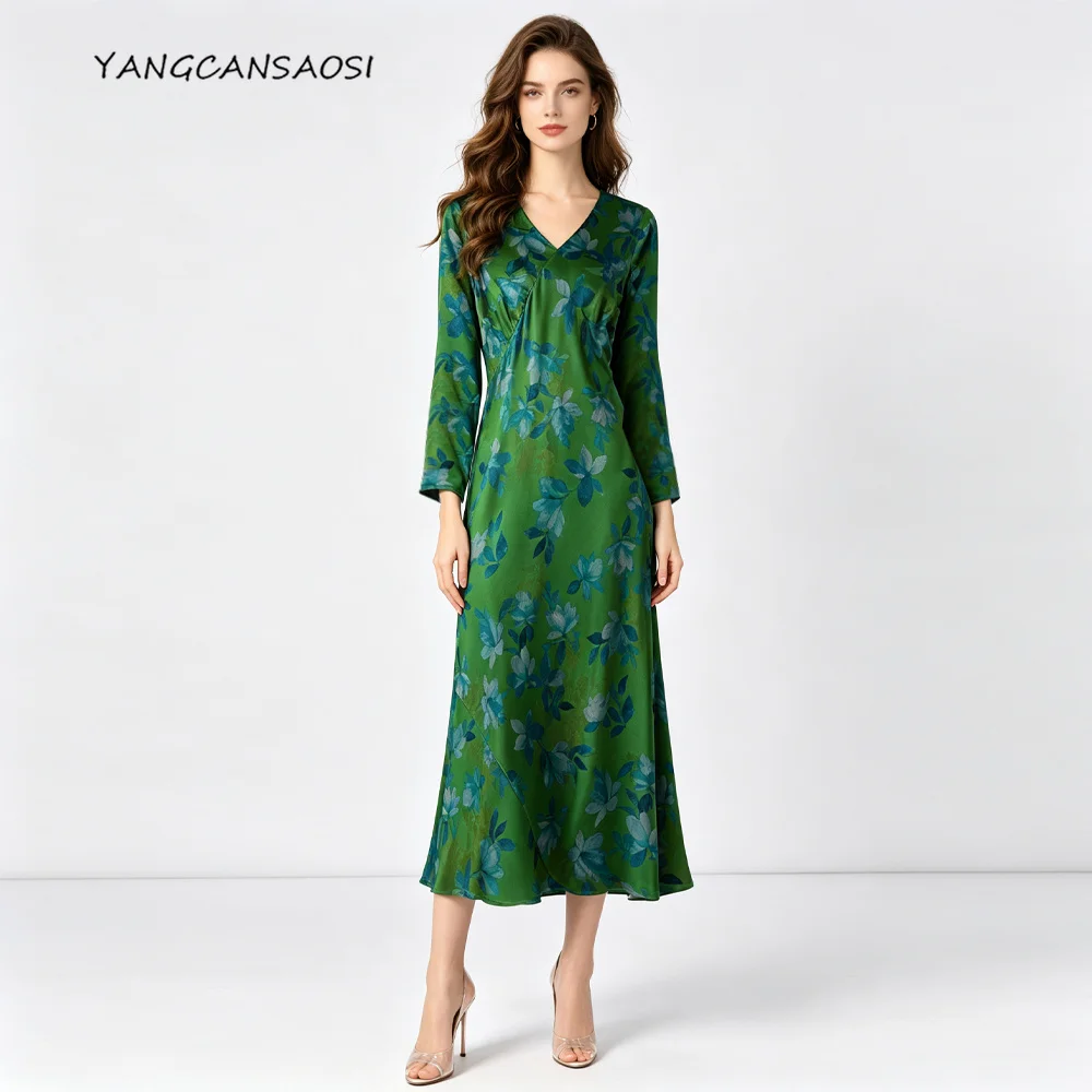 2026 Women's Fashion Autumn New Retro Slant Cut 100% Natural Mulberry Silk Fragrant Cloud Yarn V-neck Long Sleeve Party Dress